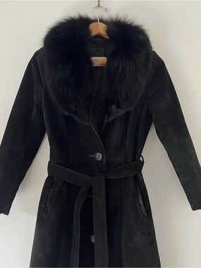 VTG 70s Leather Attic Black Suede Trench Coat Real Fox Fur Collar Size 7 Small